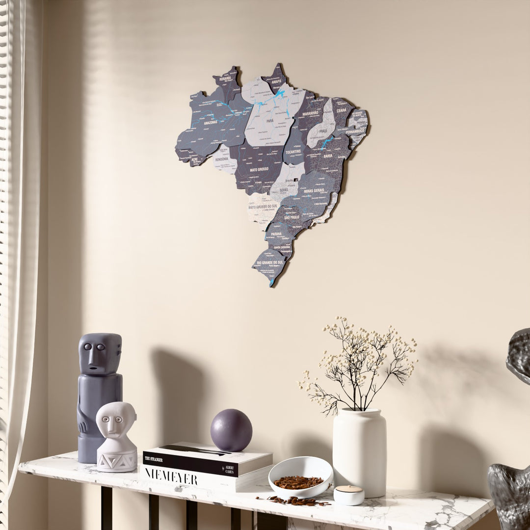 Nimbus Brazil wooden wall map beside a sheer curtain, angled view