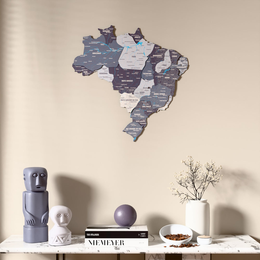 Nimbus Brazil wooden wall map above a marble console, front view