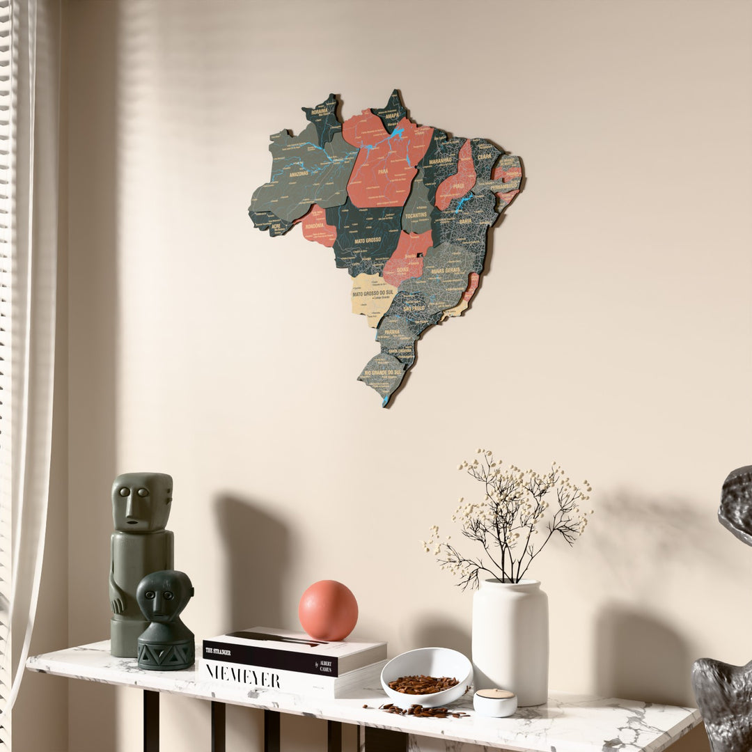 Sage Brazil wooden wall map beside a sheer curtain, angled view