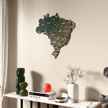 Satellite Brazil wooden wall map beside a sheer curtain, angled view