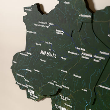 Close-up of the Satellite Brazil wooden wall map with layered regions and printed names