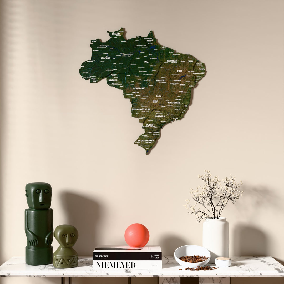 Satellite Brazil wooden wall map above a marble console, front view