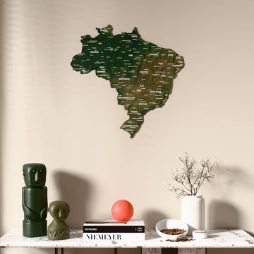 Satellite Brazil wooden wall map above a marble console, front view