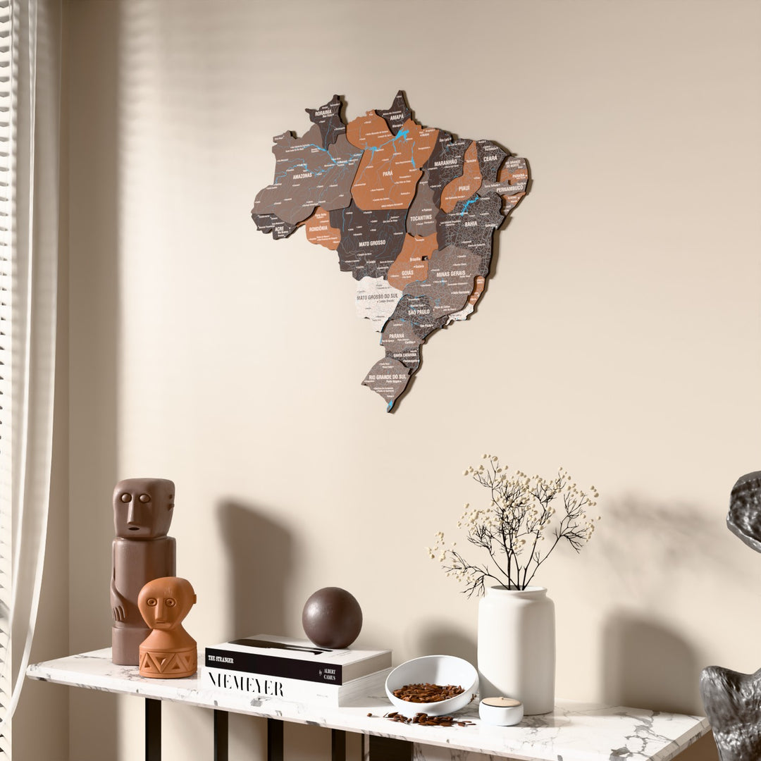 Soil Brazil wooden wall map beside a sheer curtain, angled view