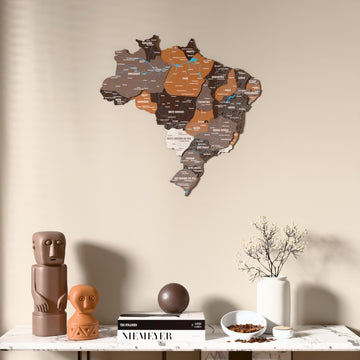 Soil Brazil wooden wall map above a marble console, front view