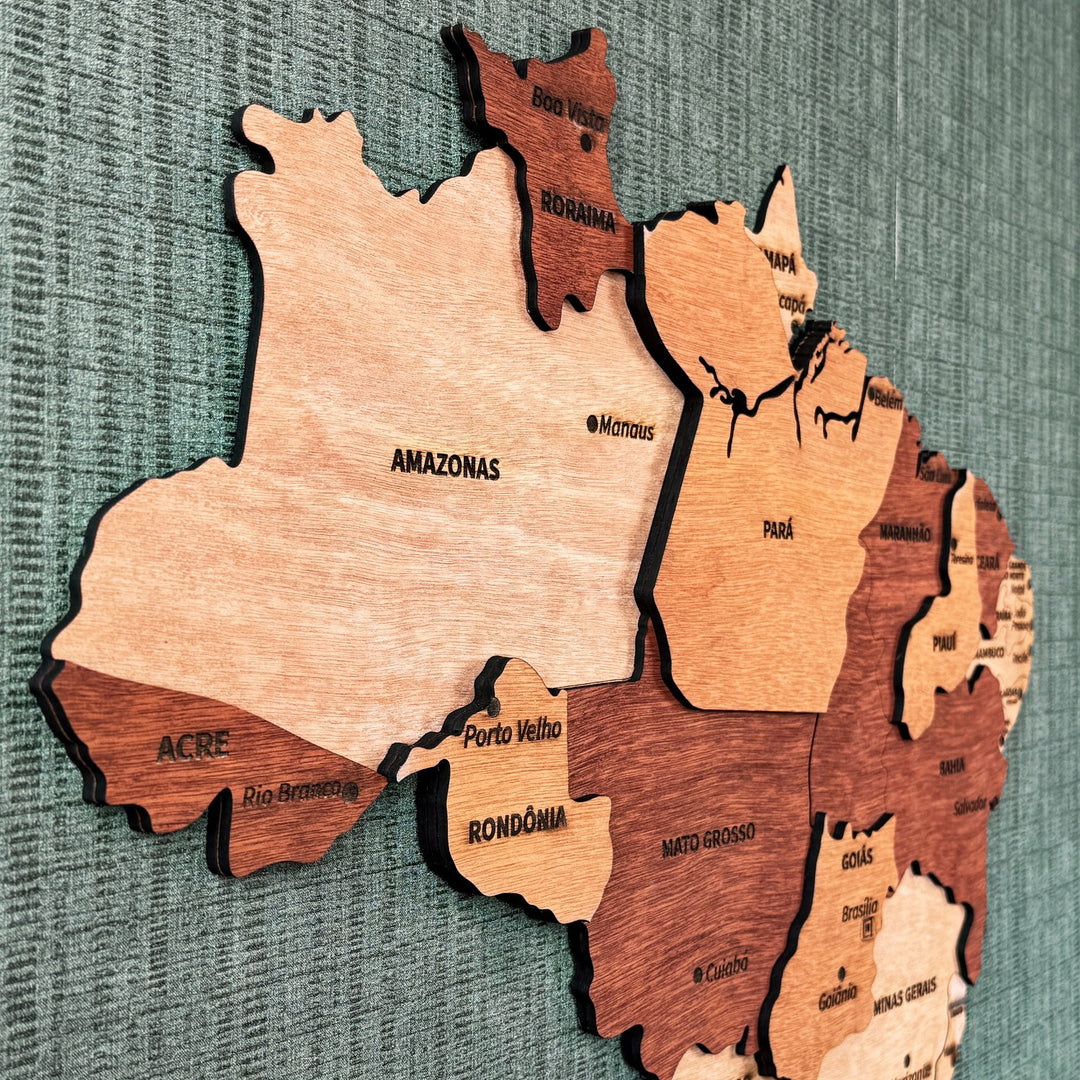 Close-up of Amazonas, Pará and Rondônia layers on the wooden Brazil map