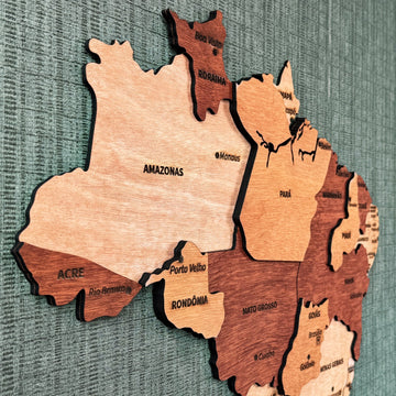 Close-up of Amazonas, Pará and Rondônia layers on the wooden Brazil map