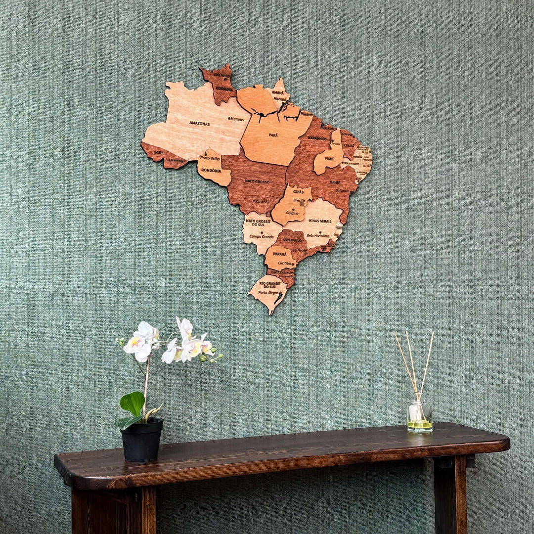 Brazil plywood wall map with state names centered above a dark console on a green wall
