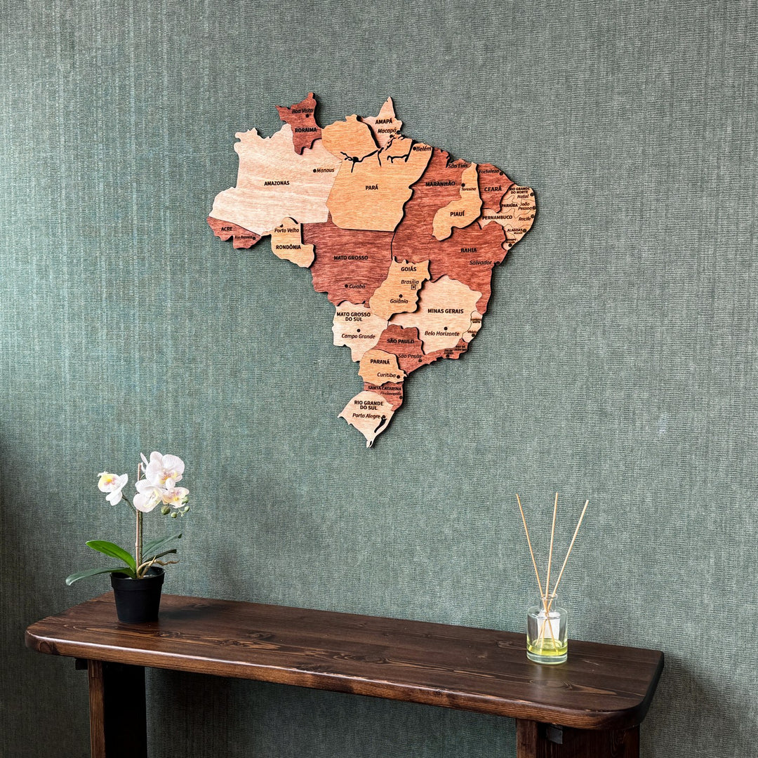 Wooden Brazil map on a green wall above a console table, closer angled shot