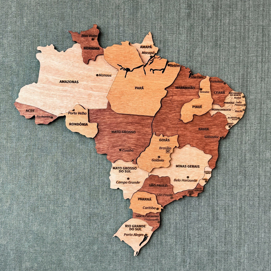 Wooden Brazil wall map with state names in layered plywood, front view