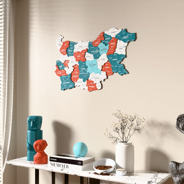 Flag colored Bulgaria wooden wall map beside a sheer curtain, angled view