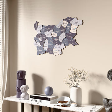Nimbus Bulgaria wooden wall map beside a sheer curtain, angled view