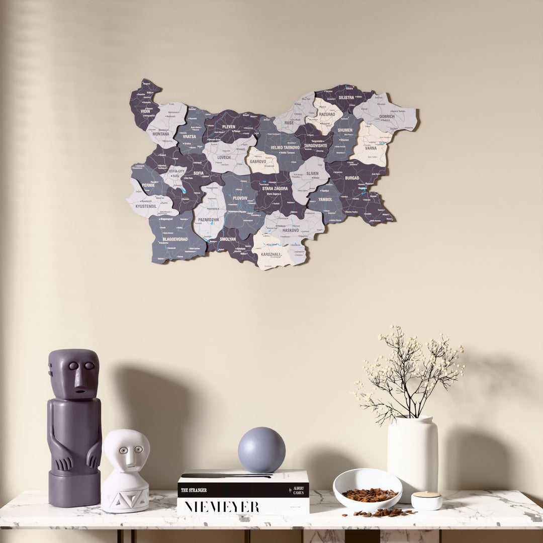 Nimbus Bulgaria wooden wall map above a marble console, front view