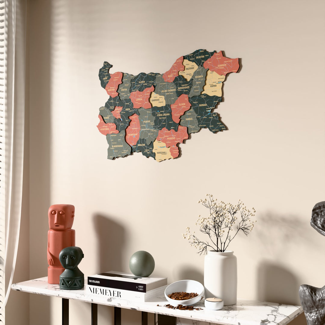 Sage Bulgaria wooden wall map beside a sheer curtain, angled view
