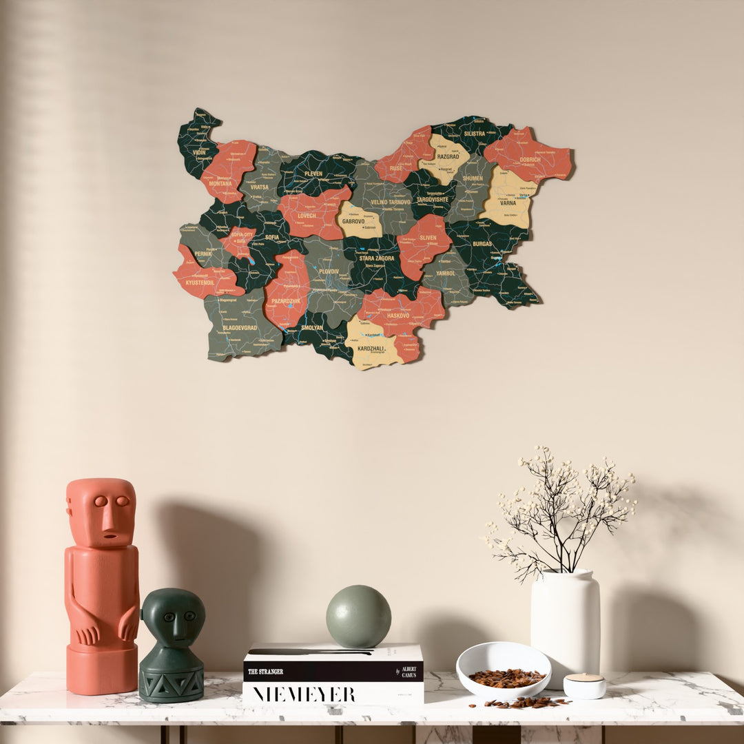 Sage Bulgaria wooden wall map above a marble console, front view
