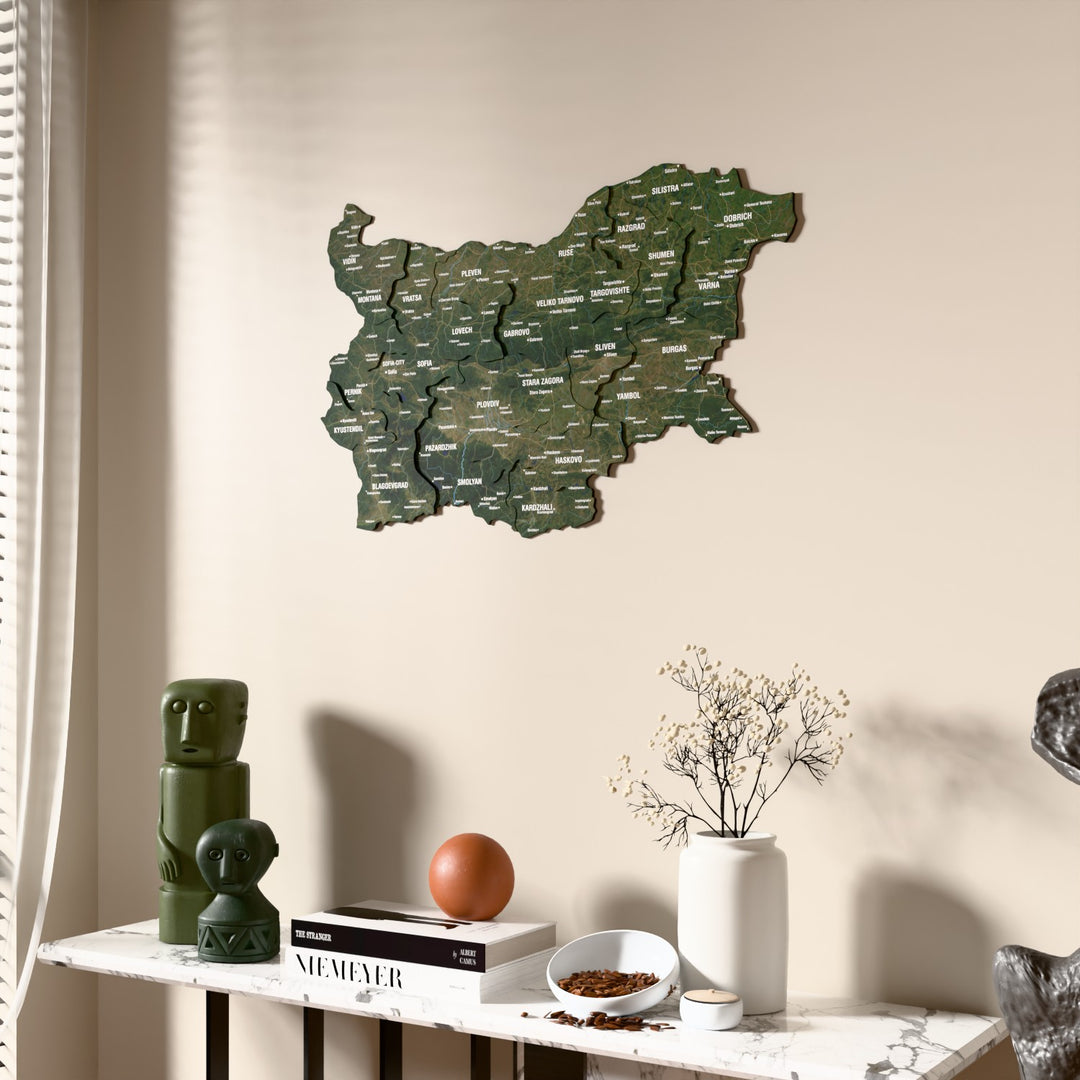 Satellite Bulgaria wooden wall map beside a sheer curtain, angled view