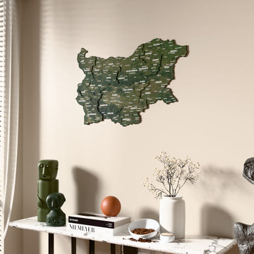 Satellite Bulgaria wooden wall map beside a sheer curtain, angled view