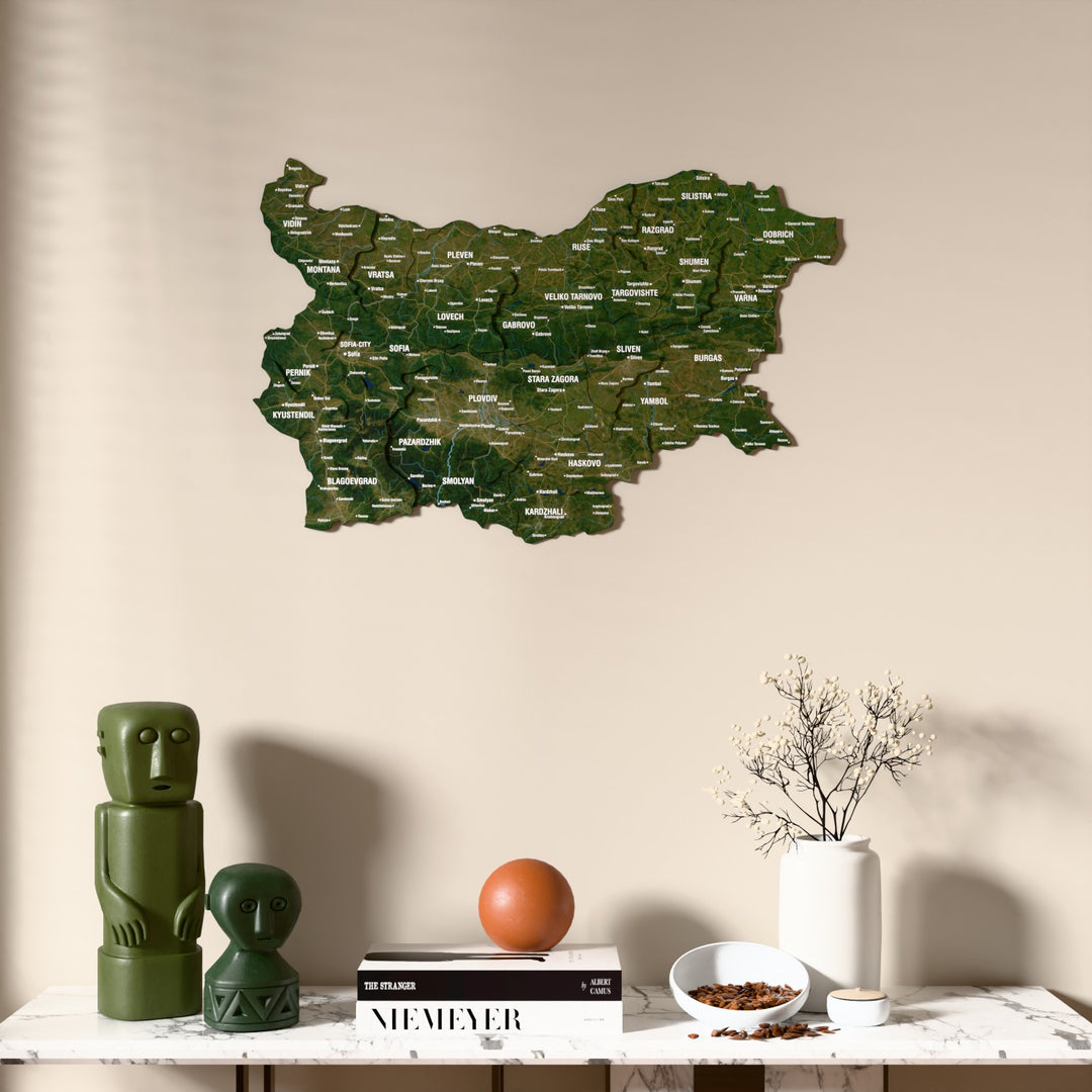 Satellite Bulgaria wooden wall map above a marble console, front view