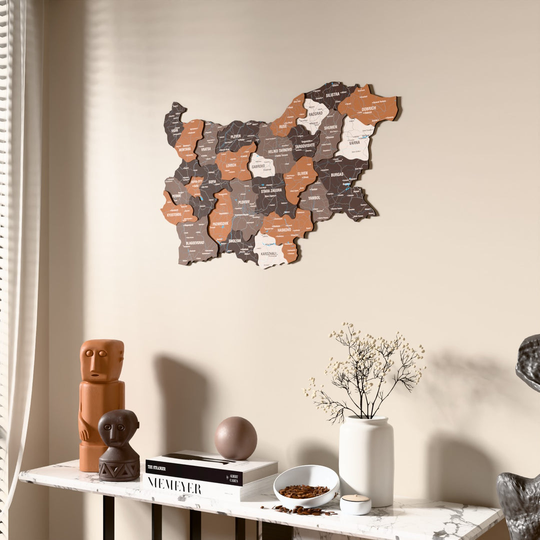 Soil Bulgaria wooden wall map beside a sheer curtain, angled view