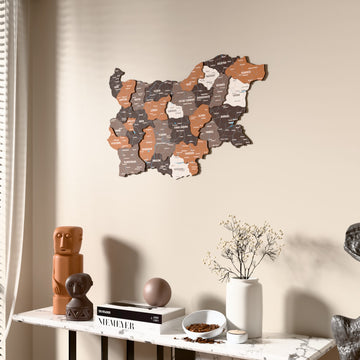 Soil Bulgaria wooden wall map beside a sheer curtain, angled view