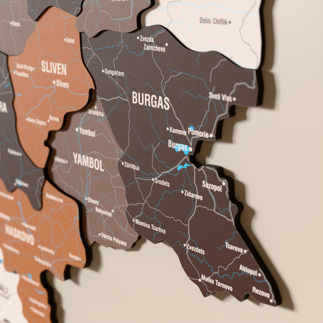 Close-up of the Soil Bulgaria wooden wall map with layered regions and printed names