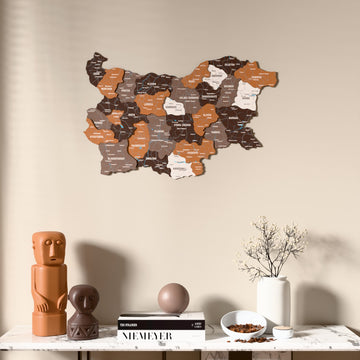 Soil Bulgaria wooden wall map above a marble console, front view