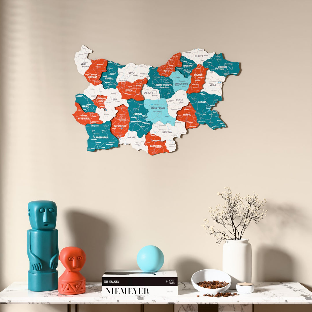Flag colored Bulgaria wooden wall map above a marble console, front view