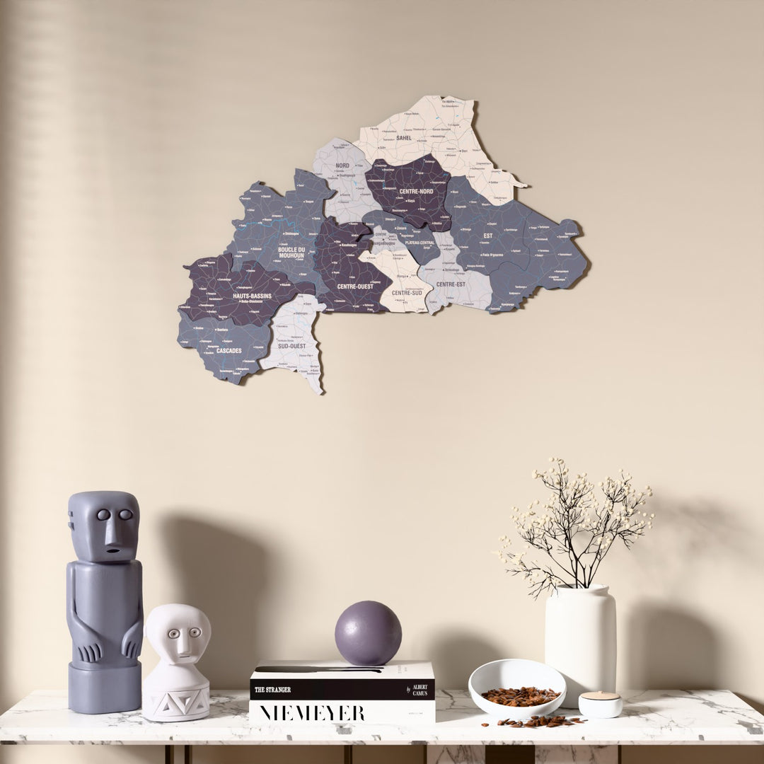 Nimbus Burkina Faso wooden wall map above a marble console, front view