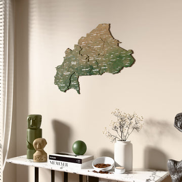 Satellite Burkina Faso wooden wall map beside a sheer curtain, angled view