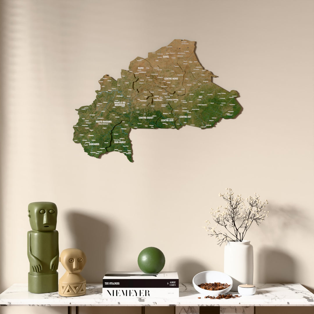 Satellite Burkina Faso wooden wall map above a marble console, front view
