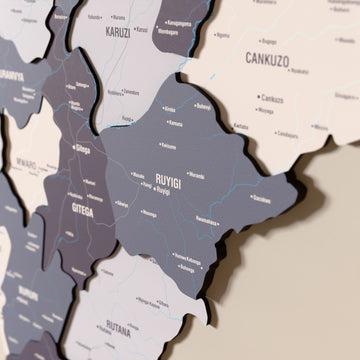 Close-up of the Nimbus Burundi wooden wall map with layered regions and printed names