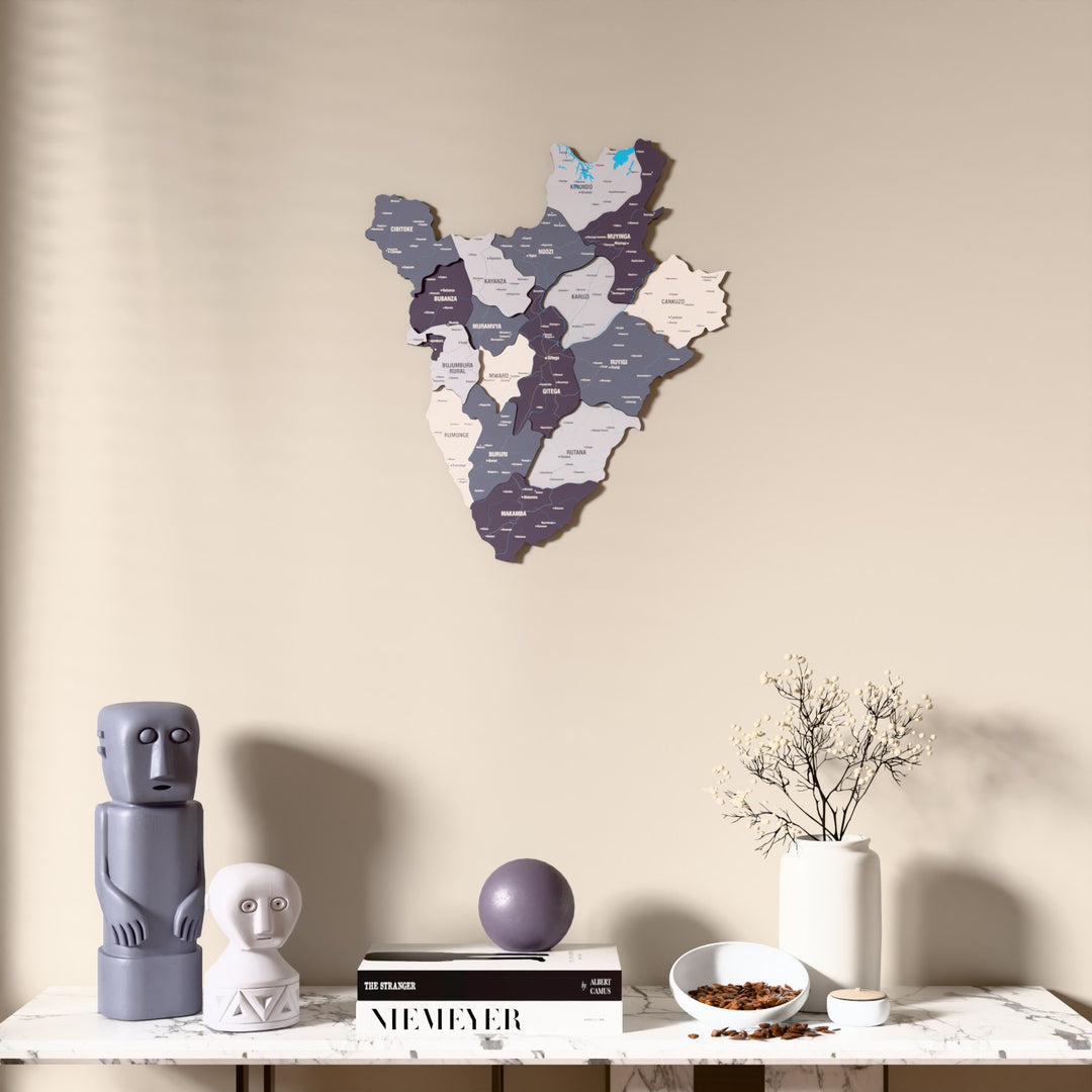 Nimbus Burundi wooden wall map above a marble console, front view