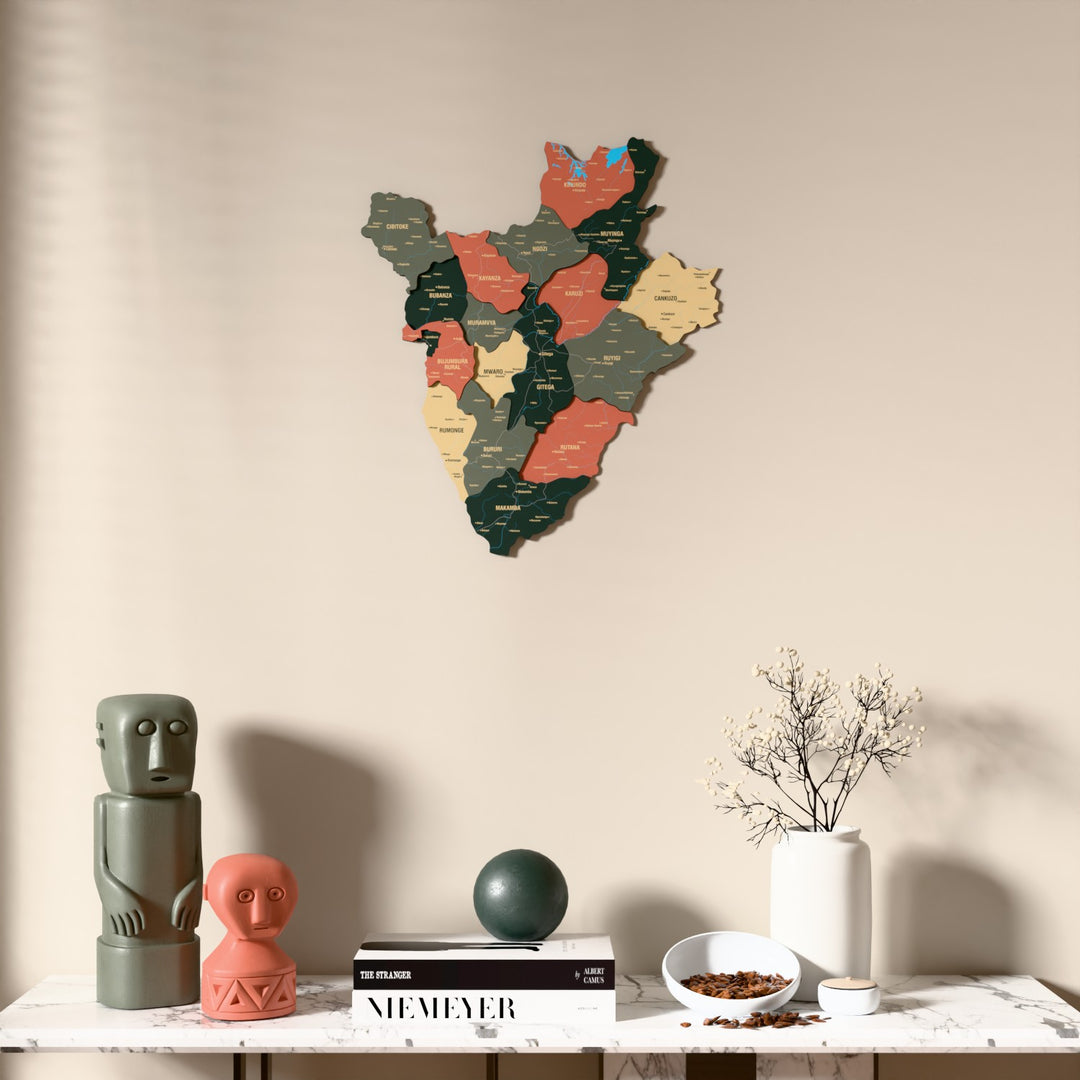 Sage Burundi wooden wall map above a marble console, front view