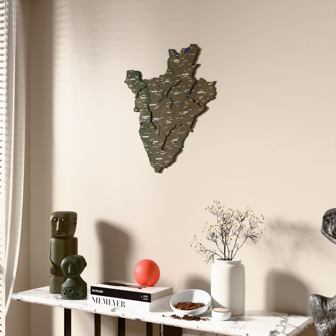Satellite Burundi wooden wall map beside a sheer curtain, angled view