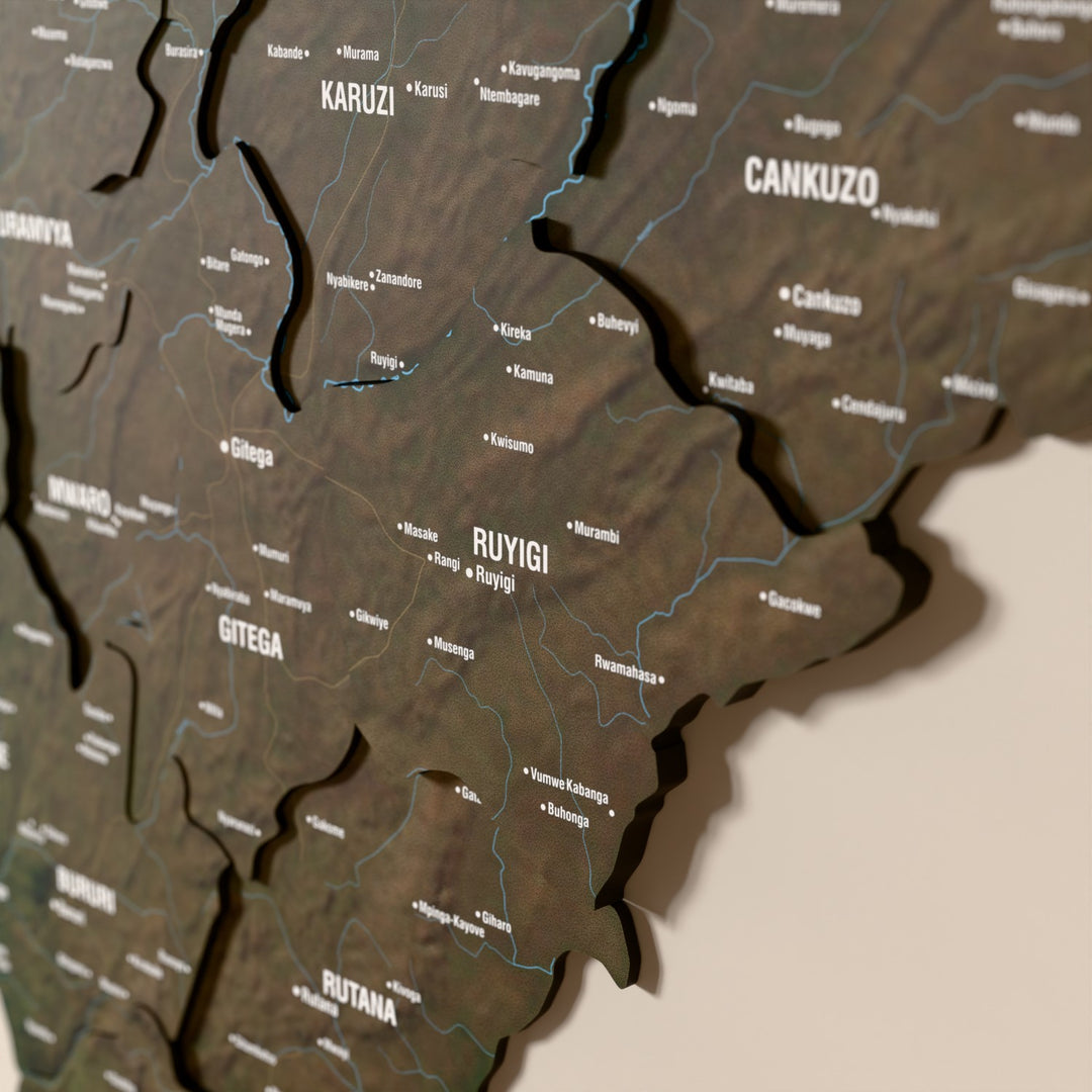 Close-up of the Satellite Burundi wooden wall map with layered regions and printed names