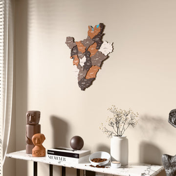 Soil Burundi wooden wall map beside a sheer curtain, angled view