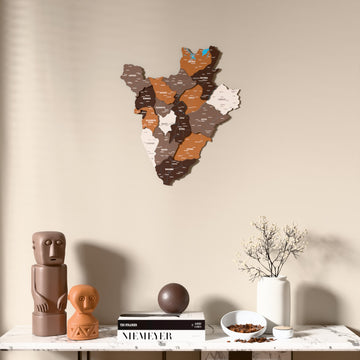Soil Burundi wooden wall map above a marble console, front view