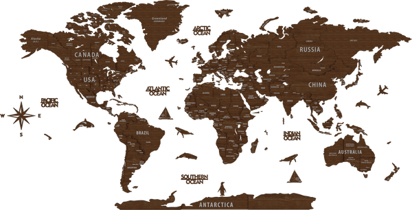Wooden World Map for Wall - 3D Wood Push Pin Maps (Light Brown) &mdash; size  shown to scale on a 4.2 metre wall