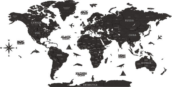 Wooden World Map with States - Push Pin 3D World Maps, Tuana Wood Wall Art &mdash; size  shown to scale on a 4.2 metre wall