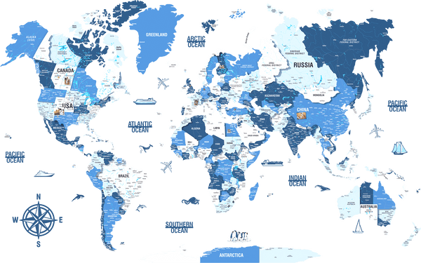 Wooden World Map with Pins - 3D & Vibrant Colors (Navy) &mdash; size  shown to scale on a 4.2 metre wall