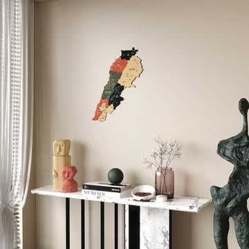 Sage Lebanon wooden wall map small on a wall beside a curtain, above a marble console
