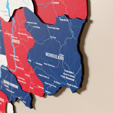 Close-up of the Flag colored Cambodia wooden wall map with layered regions and printed names