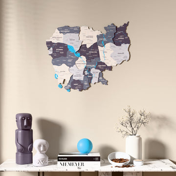 Nimbus Cambodia wooden wall map above a marble console, front view