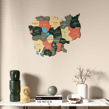 Sage Cambodia wooden wall map above a marble console, front view