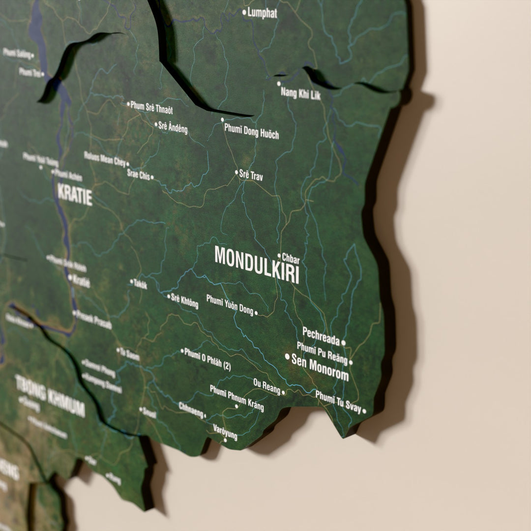 Close-up of the Satellite Cambodia wooden wall map with layered regions and printed names
