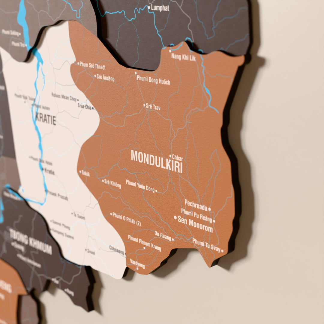 Close-up of the Soil Cambodia wooden wall map with layered regions and printed names