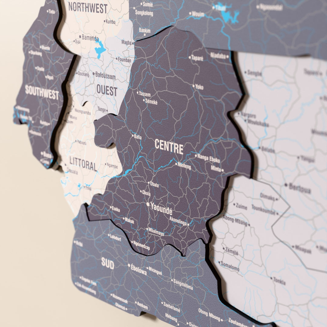 Close-up of the Nimbus Cameroon wooden wall map with layered regions and printed names
