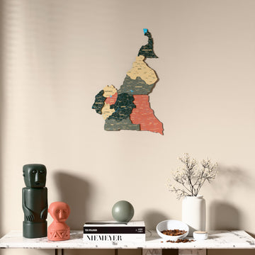 Sage Cameroon wooden wall map above a marble console, front view