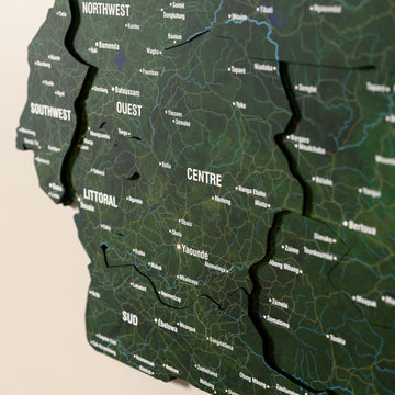 Close-up of the Satellite Cameroon wooden wall map with layered regions and printed names