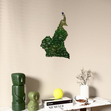 Satellite Cameroon wooden wall map on a beige wall above a console with figurines